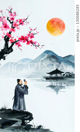 A serene scene of traditional Chinese painting, a person taking photo of the beautiful scenery 130086285