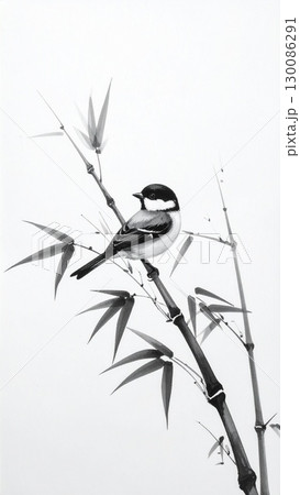 A serene bird perched on a bamboo branch in a traditional ink painting. The monochrome artwork showcases the natural beauty and artistic elegance A serene bird perched on a bamboo branch in a traditional ink painting. The monochrome artwork showcases the natural beauty and artistic elegance 130086291