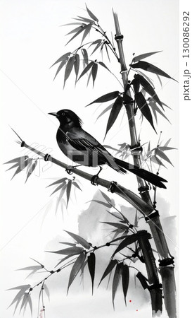 A serene bird perched on a bamboo branch in a traditional ink painting. The monochrome artwork showcases the natural beauty and artistic elegance 130086292