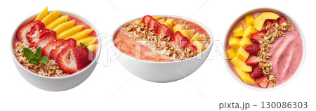 Set of strawberry and mango acai smoothie bowls with fresh berries, nuts and seeds topping isolated on transparent background. 130086303