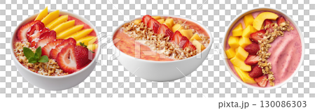 Set of strawberry and mango acai smoothie bowls with fresh berries, nuts and seeds topping isolated on transparent background. 130086303