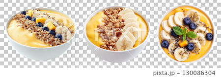 Set of banana acai smoothie bowls with chia seeds, walnuts and fresh berries, isolated on transparent background. 130086304