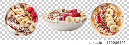 Set of banana split acai smoothie bowls with chocolate and fresh raspberries, isolated on transparent background. Set of banana split acai smoothie bowls with chocolate and fresh raspberries, isolated on transparent background. 130086305