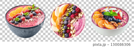 Set of mixed berries and orange acai smoothie bowls with fresh berries, nuts and seeds topping isolated on transparent background. Set of mixed berries and orange acai smoothie bowls with fresh berries, nuts and seeds topping isolated on transparent background. 130086306