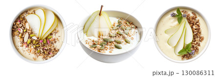 Set of pear acai smoothie bowls with fresh berries, nuts and seeds topping isolated on transparent background. 130086311