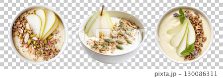 Set of pear acai smoothie bowls with fresh berries, nuts and seeds topping isolated on transparent background. 130086311
