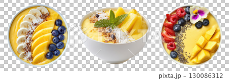 Set of pineapple and mango acai smoothie bowls with fresh berries, nuts and seeds topping isolated on transparent background. 130086312