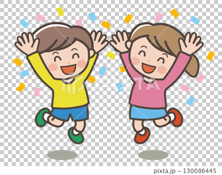 ジャンプしてバンザイをして喜ぶ男の子と女の子のイラスト 130086445