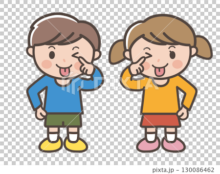 男孩和女孩伸出舌頭並做鬼臉的插圖 男孩和女孩伸出舌頭並做鬼臉的插圖 130086462
