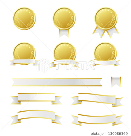 メダルとゴールドのリボンのイラストセット メダルとゴールドのリボンのイラストセット 130086569