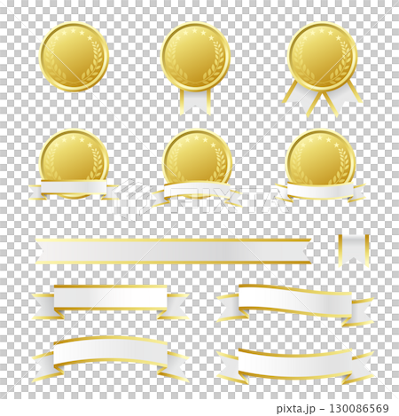 メダルとゴールドのリボンのイラストセット メダルとゴールドのリボンのイラストセット 130086569