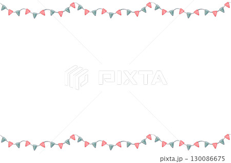 Horizontal bright frame with bunting flags. Hand-painted watercolor illustration of border template perfect for invitations, announcements, greeting cards, festive designs, posters 130086675