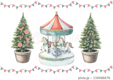 Merry-go-round carousel, horses, decorated Christmas trees, bunting flags frame. Hand-painted watercolor illustration isolated on white for greeting cards, postcards, festive decor, holiday projects Merry-go-round carousel, horses, decorated Christmas trees, bunting flags frame. Hand-painted watercolor illustration isolated on white for greeting cards, postcards, festive decor, holiday projects 130086676