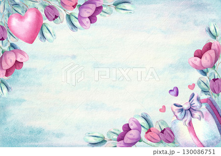 Horizontal template for a postcard or design with flowers, heart and gift on a blue watercolor background in pastel shades Horizontal template for a postcard or design with flowers, heart and gift on a blue watercolor background in pastel shades 130086751