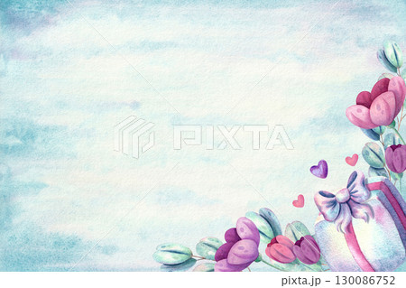 Horizontal template for a postcard or design with flowers and a gift on a blue watercolor background in pastel shades Horizontal template for a postcard or design with flowers and a gift on a blue watercolor background in pastel shades 130086752