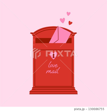 Red mailbox and pink envelope for valentine s day. Vector graphics. 130086755