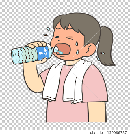 ペットボトルから勢いよく水を飲む女の子 130086787