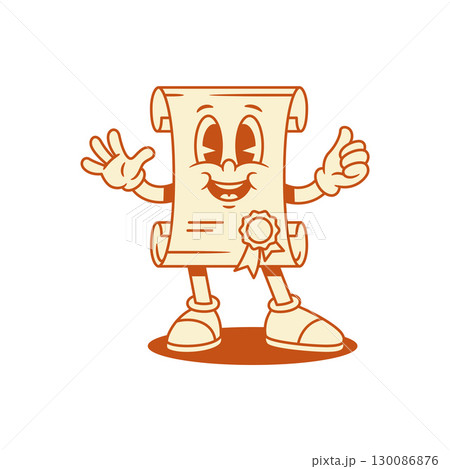 Comic diploma cartoon character welcome greeting contoured vector flat illustration 130086876
