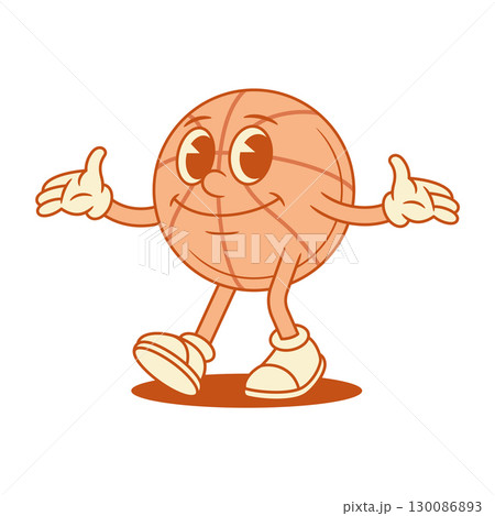 Cute funny basketball ball cartoon character welcome gesture contoured vector flat Cute funny basketball ball cartoon character welcome gesture contoured vector flat 130086893