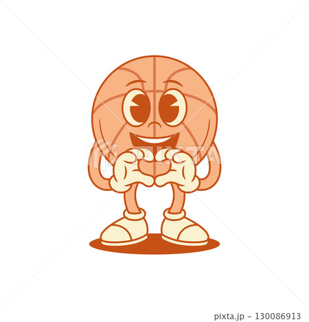 Funny basketball ball cartoon character showing heart gesture contoured vector flat Funny basketball ball cartoon character showing heart gesture contoured vector flat 130086913