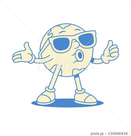 Funny comic globe Earth cartoon character in sunglasses contoured vector flat illustration 130086916