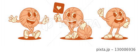 Funky basketball ball cartoon character happy mascot set contoured vector flat illustration 130086936