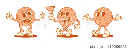 Comic basketball ball cartoon character mascot set contoured vector flat illustration 130086938