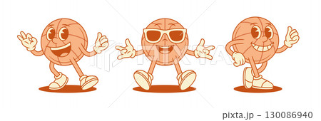 Cheerful cute basketball ball cartoon character mascot set contoured vector flat illustration 130086940