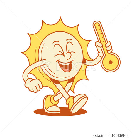 Smiling yellow sun cartoon character with key contoured vector flat illustration Smiling yellow sun cartoon character with key contoured vector flat illustration 130086969