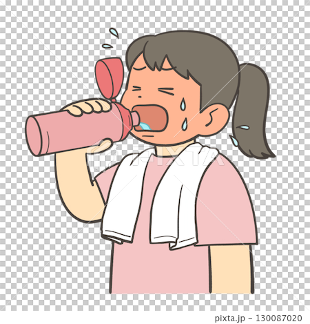 A girl drinking water from a water bottle 130087020