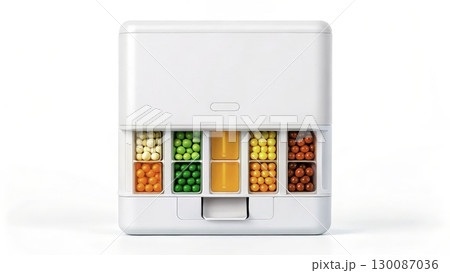 Colorful candy storage box with compartments for organizing various sweets and treats 130087036