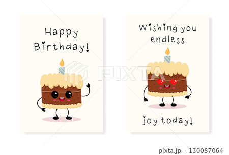 Adorable and Cute Birthday Cake Illustration Accompanied by Happy Wishes and Cheer 130087064