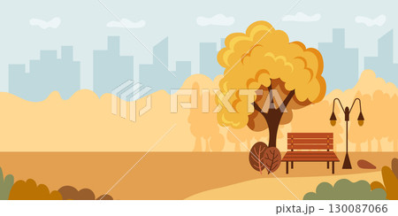 A picturesque Autumn Park Scene featuring a serene bench and a stunning city skyline 130087066