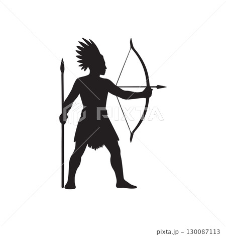 tribal warrior silhouette man holding spear and bow traditional hunting and cultural heritage concept isolated on white background 130087113