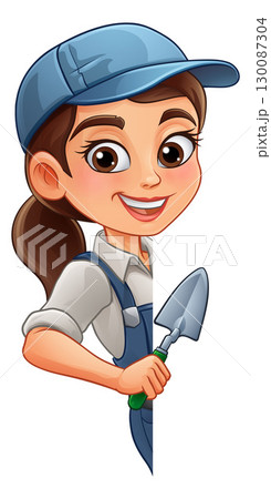 Female Bricklayer Cartoon Trowel Builder Woman 130087304