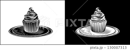 Vintage Woodcut Frosting Cupcake Cake Illustration 130087313