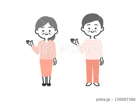 手で指す年配の3頭身男女イラスト 130087366