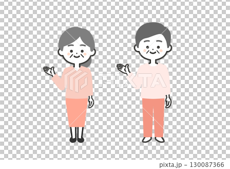 手で指す年配の3頭身男女イラスト 130087366