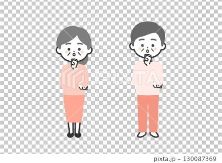Three-headed illustration of an elderly man and woman holding their fist to their chin 130087369