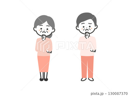 こぶしを顎に当てて考える年配の3頭身男女イラスト 130087370