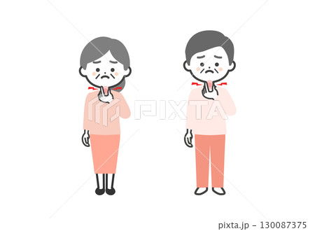喉を押さえる年配の3頭身男女イラスト 130087375