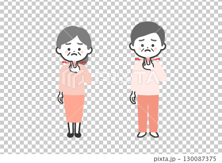 喉を押さえる年配の3頭身男女イラスト 130087375