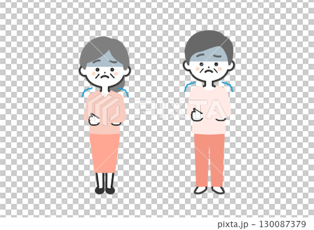 寒がる年配の3頭身男女イラスト 130087379