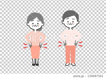 腰を押さえる年配の3頭身男女イラスト 130087381