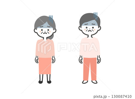 暗い表情の年配の3頭身男女イラスト 130087410