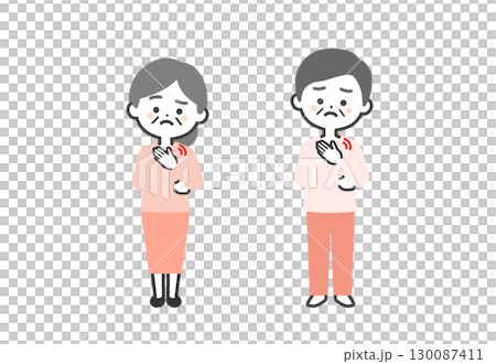 胸元を押さえる年配の3頭身男女イラスト 130087411