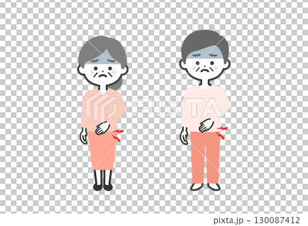 Three-headed illustration of an elderly man and woman holding their stomachs 130087412