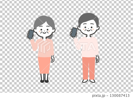 Three-headed illustration of an elderly man and woman holding a smartphone Three-headed illustration of an elderly man and woman holding a smartphone 130087413