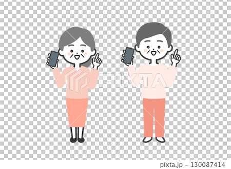 Three-headed illustration of an elderly man and woman holding a smartphone and pointing up Three-headed illustration of an elderly man and woman holding a smartphone and pointing up 130087414