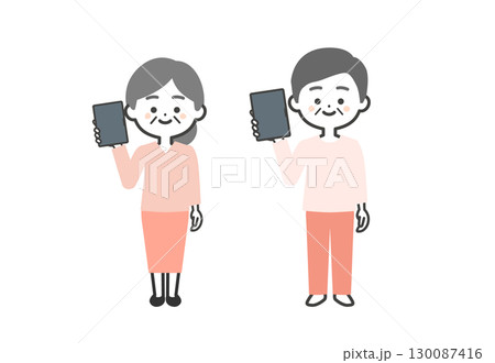 タブレットを持つ年配の3頭身男女イラスト 130087416